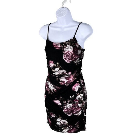 Black Foiled Pink Floral Ruched Mini Dress Bodycon Coquette Whimsigoth Womens S - Picture 4 of 16